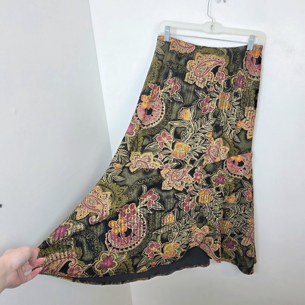 Mirasol‎ Green Colorful Floral Asymmetrical Whimsygoth Artsy Y2K Midi Skirt Sz S